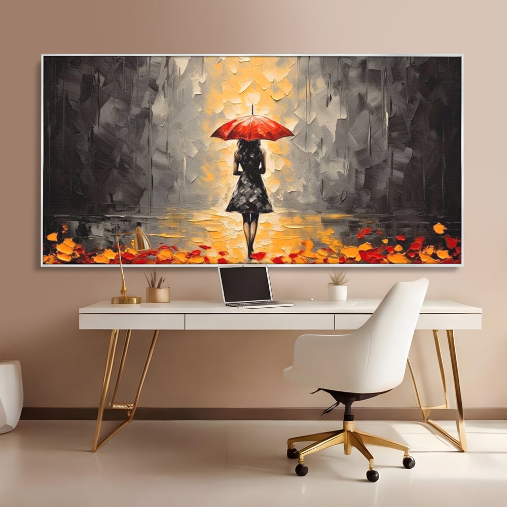 Tablou canvas cu tablou canvas cu femeie sub umbrela rosie, in rama de aluminiu argintiu, pe perete intr-un birou